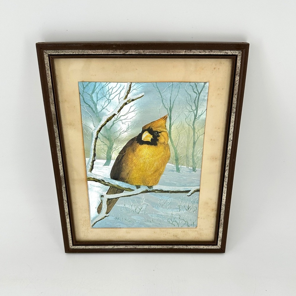 Vintage‎ Framed Yellow Cardinal Bird Winter Forest Scene Shimmering Art Decor
